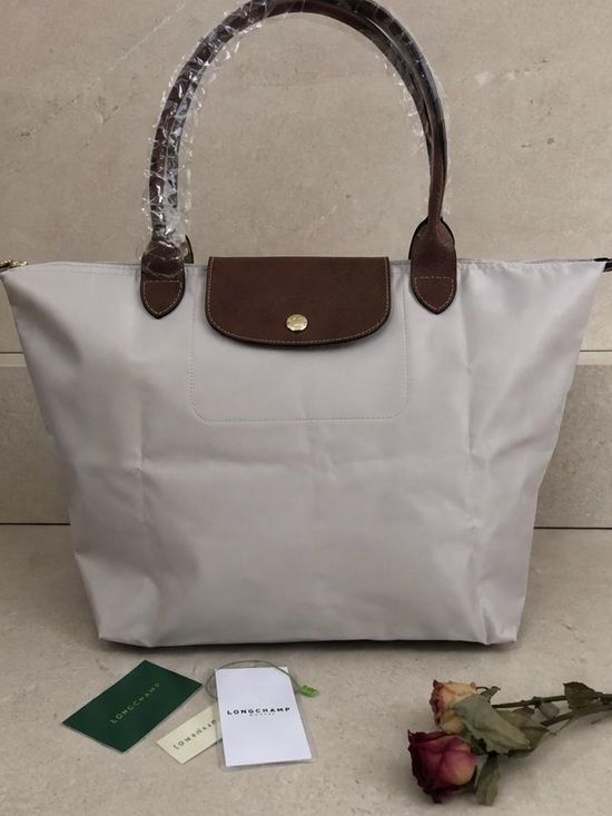 Longchamp Handbags - Longchamp Light Gray Tote with Brown Leather Trim
